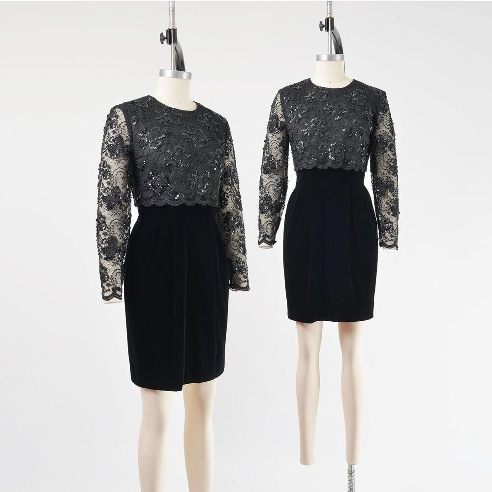 Vintage 90s Black Velvet Beaded Lace Sheer Sleeve Cocktail Party Dress Small